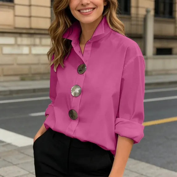 Women's Solid-Color Stand-Collar Long-Sleeve Shirt with Metal Buttons