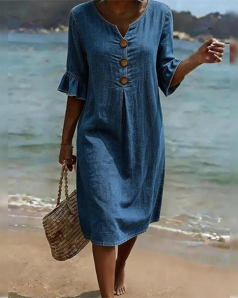 đź‘—Women's Solid-Color Cotton Dress with Buttons and Ruffled Sleeves