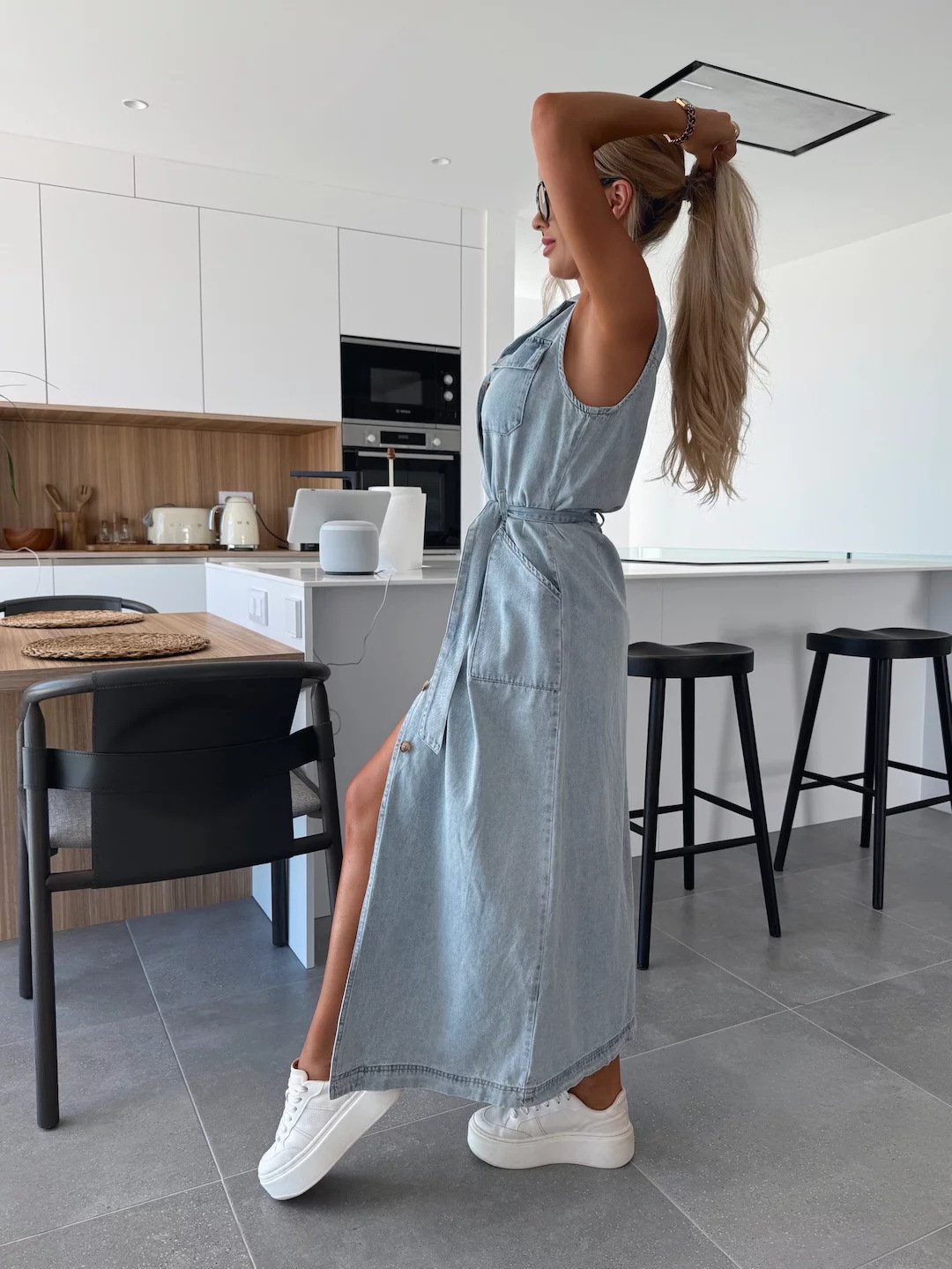 Sleeveless long lace-up denim dress(FREE SHIPPING)