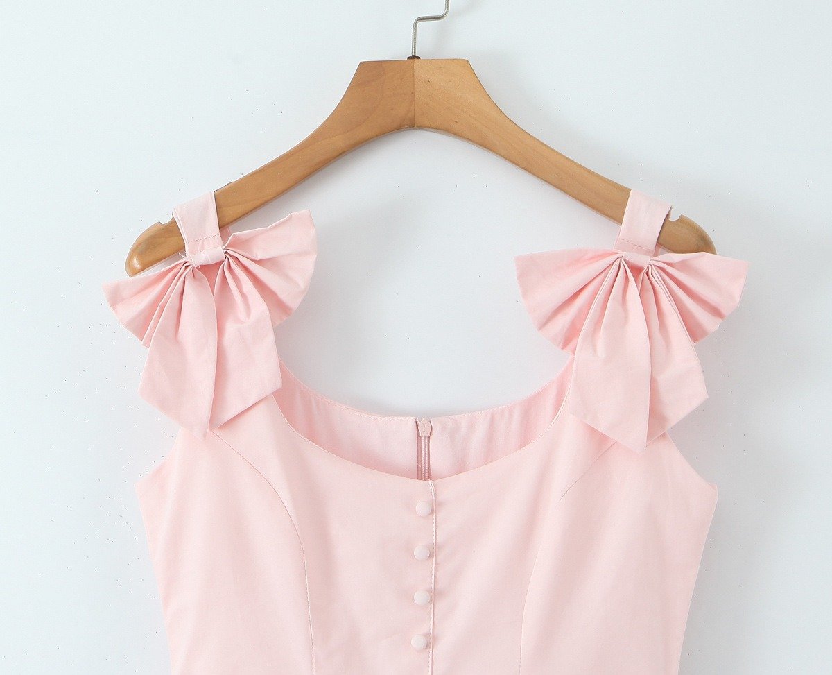 Pink Stretch Cotton Mini Dress with Tulle Lining & Bow Straps