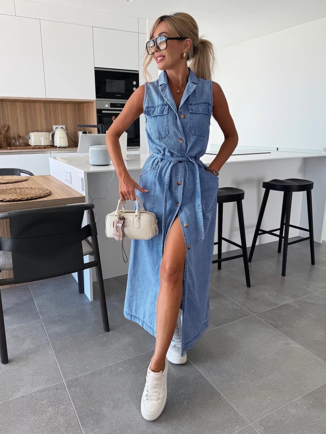 Sleeveless long lace-up denim dress(FREE SHIPPING)