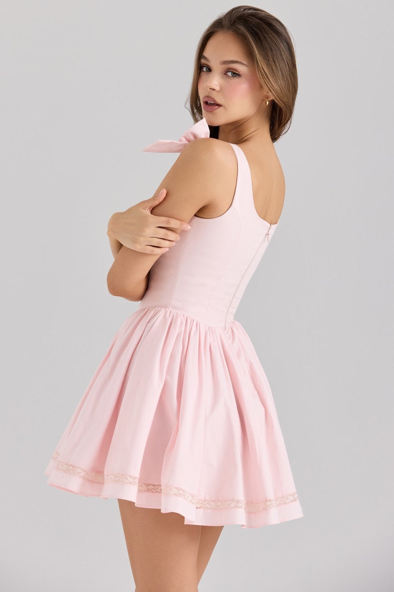 Pink Stretch Cotton Mini Dress with Tulle Lining & Bow Straps