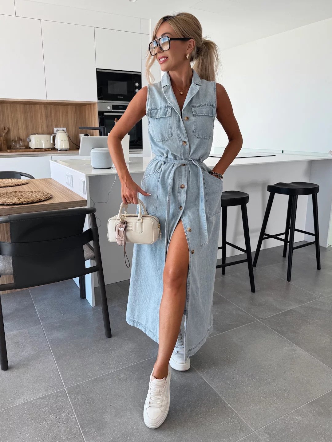 Sleeveless long lace-up denim dress(FREE SHIPPING)