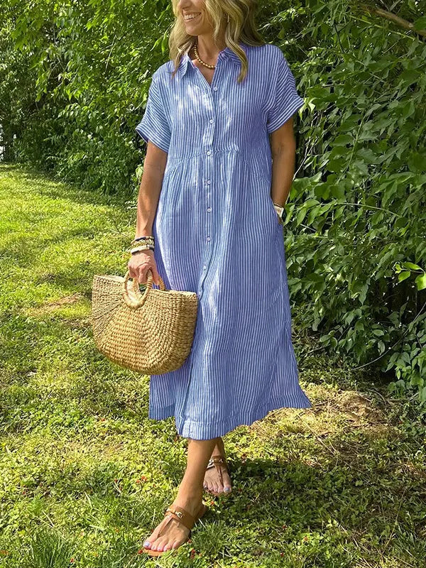 đź’•Classic striped collared button-down casual shirt dress