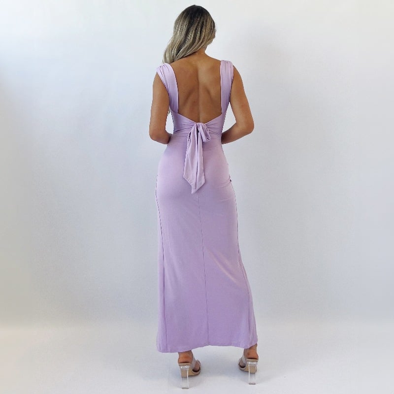Slim Sleeveless Slit Dress with Open Back and Tie Detail