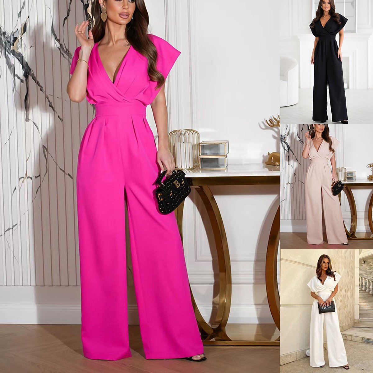 👗 Women’s V - Neck Wide - Legged Jumpsuit | One - Piece Chic & Comfort
