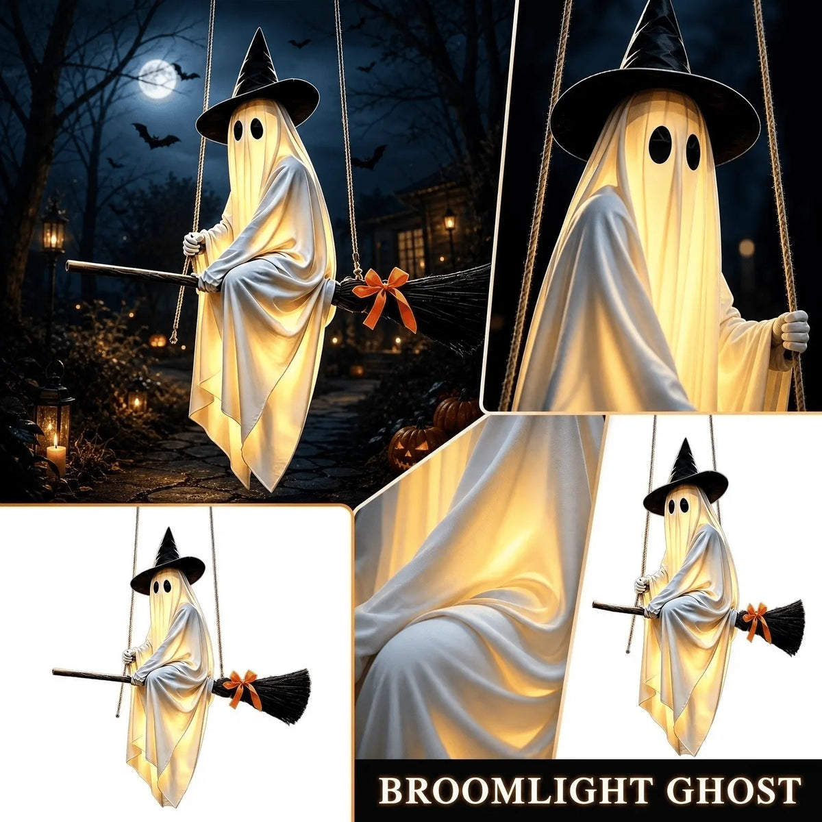 👻🧹Glowing Ghost Riding a Flying Witch's Broomstick