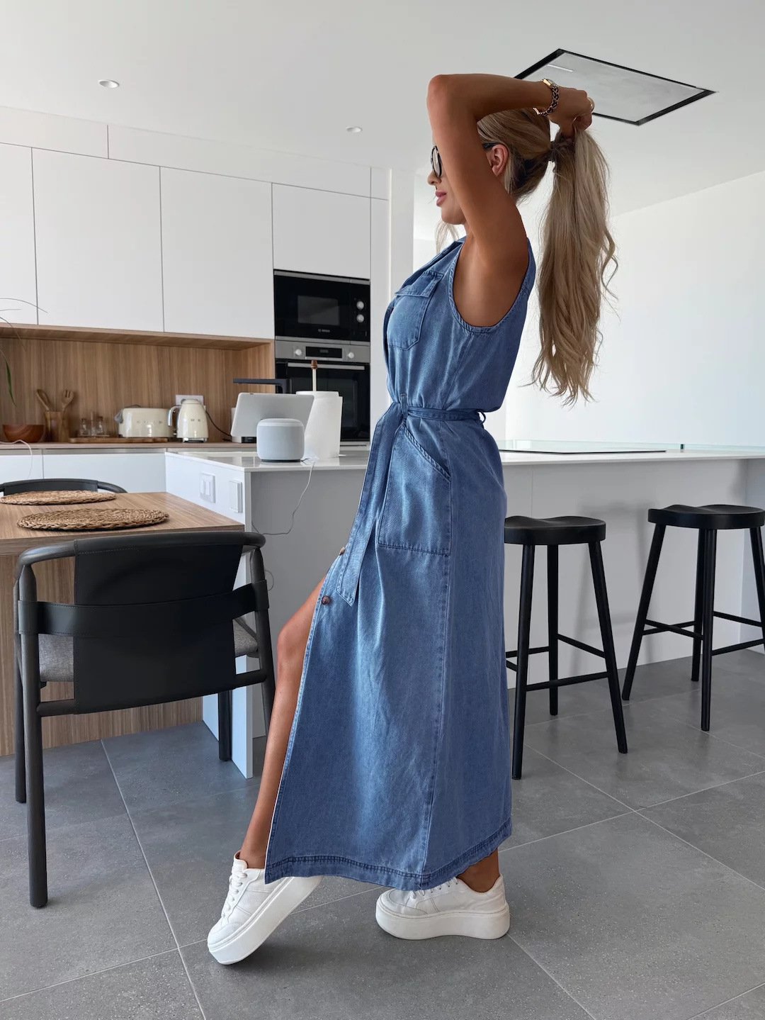 Sleeveless long lace-up denim dress(FREE SHIPPING)