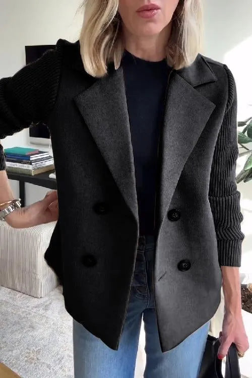 Lapel Knitted Patchwork Sleeve Casual Coat