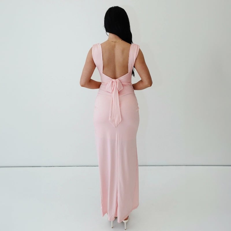 Slim Sleeveless Slit Dress with Open Back and Tie Detail
