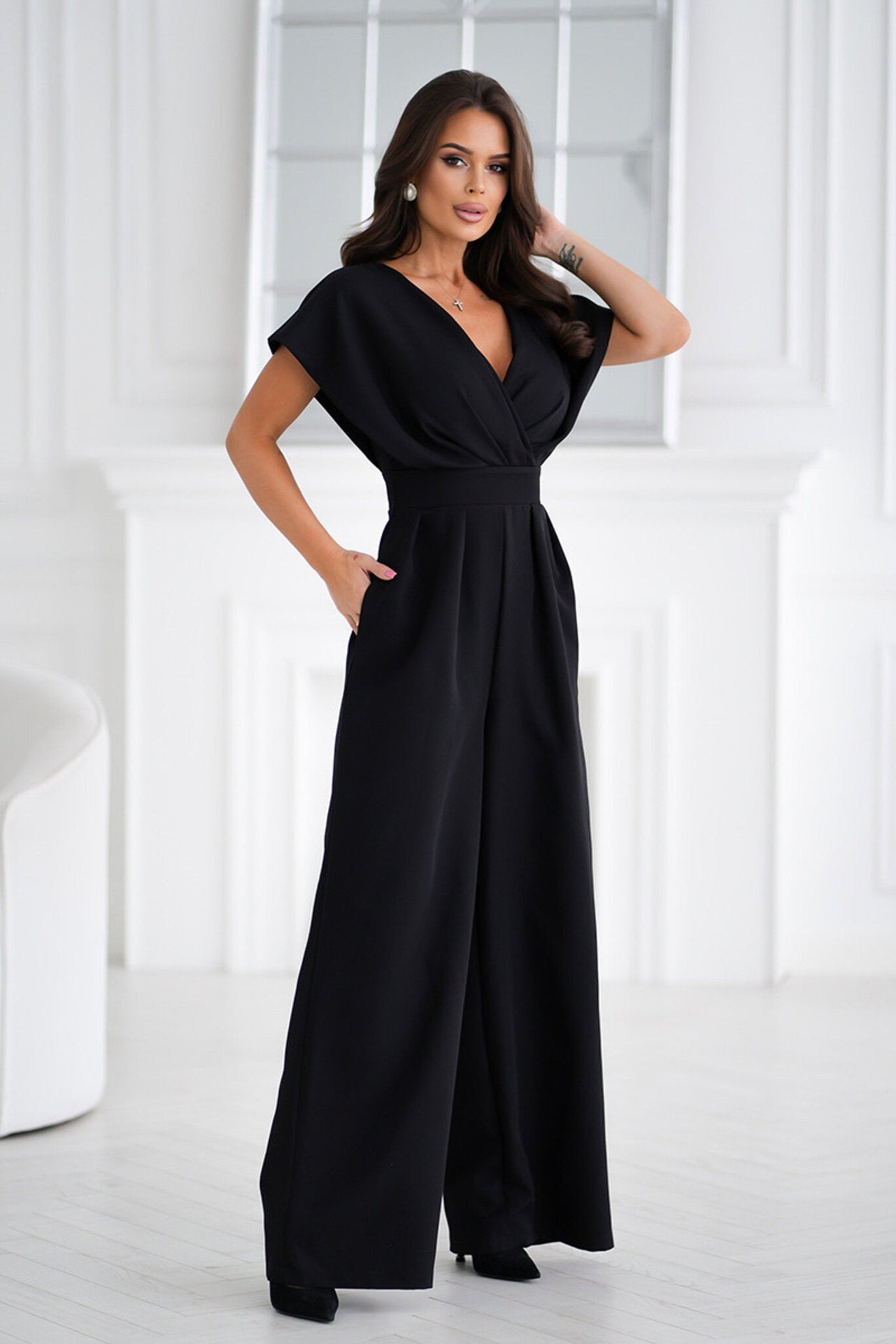 👗 Women’s V - Neck Wide - Legged Jumpsuit | One - Piece Chic & Comfort