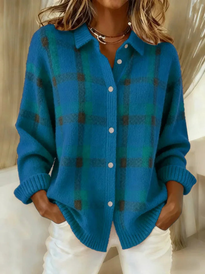 Plaid Button-Up Knit Sweater
