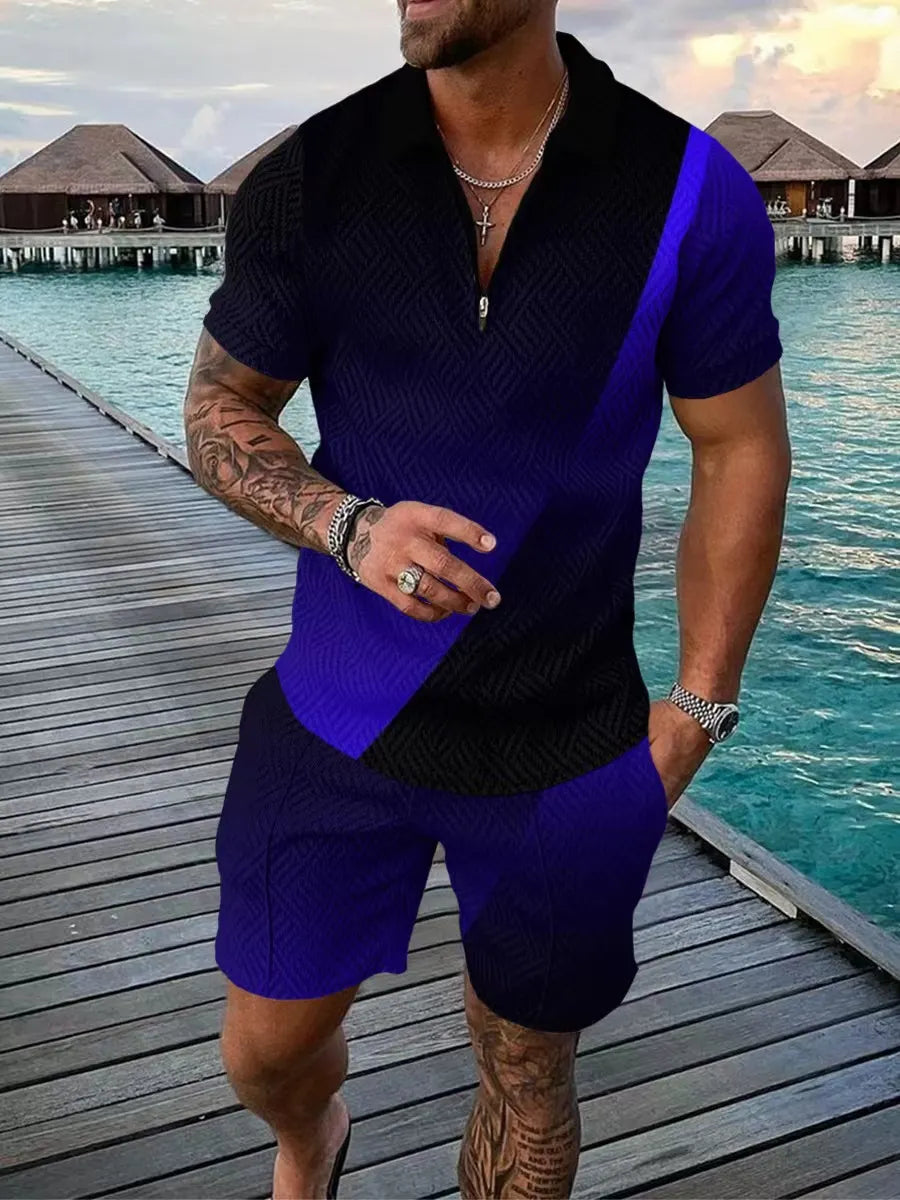 💕Summer Hot Sale -Men's casual Polo zipper lapel shirt short sleeve suit