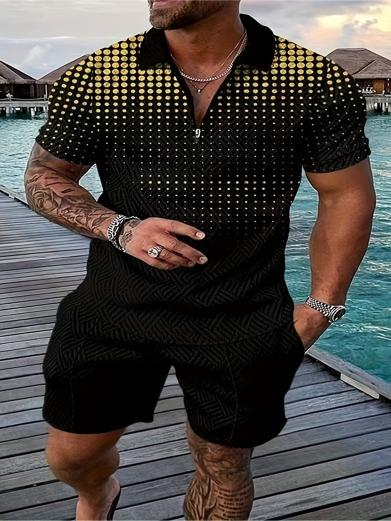 💕Summer Hot Sale -Men's casual Polo zipper lapel shirt short sleeve suit
