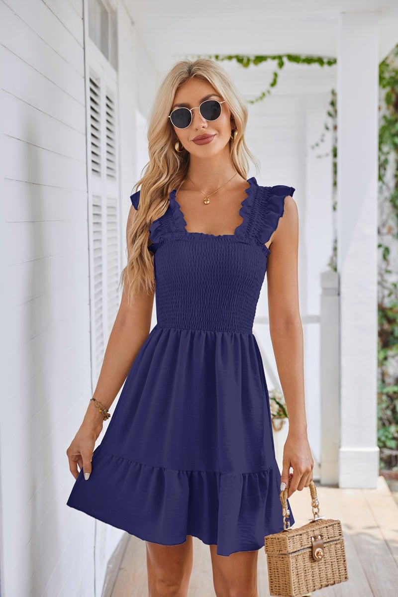 2025 Summer Casual Sleeveless Square Neck Smocked Ruffle Backless Beach Dress