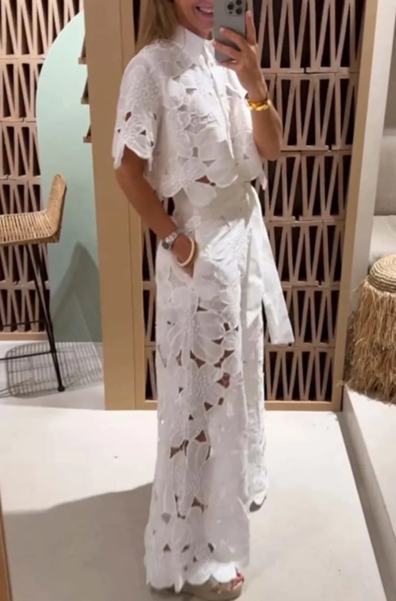 Exquisite Floral Embroidered Hollow Lace Top and Wide-Leg Pants Set