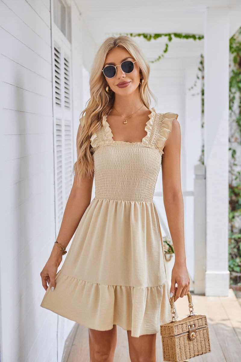2025 Summer Casual Sleeveless Square Neck Smocked Ruffle Backless Beach Dress
