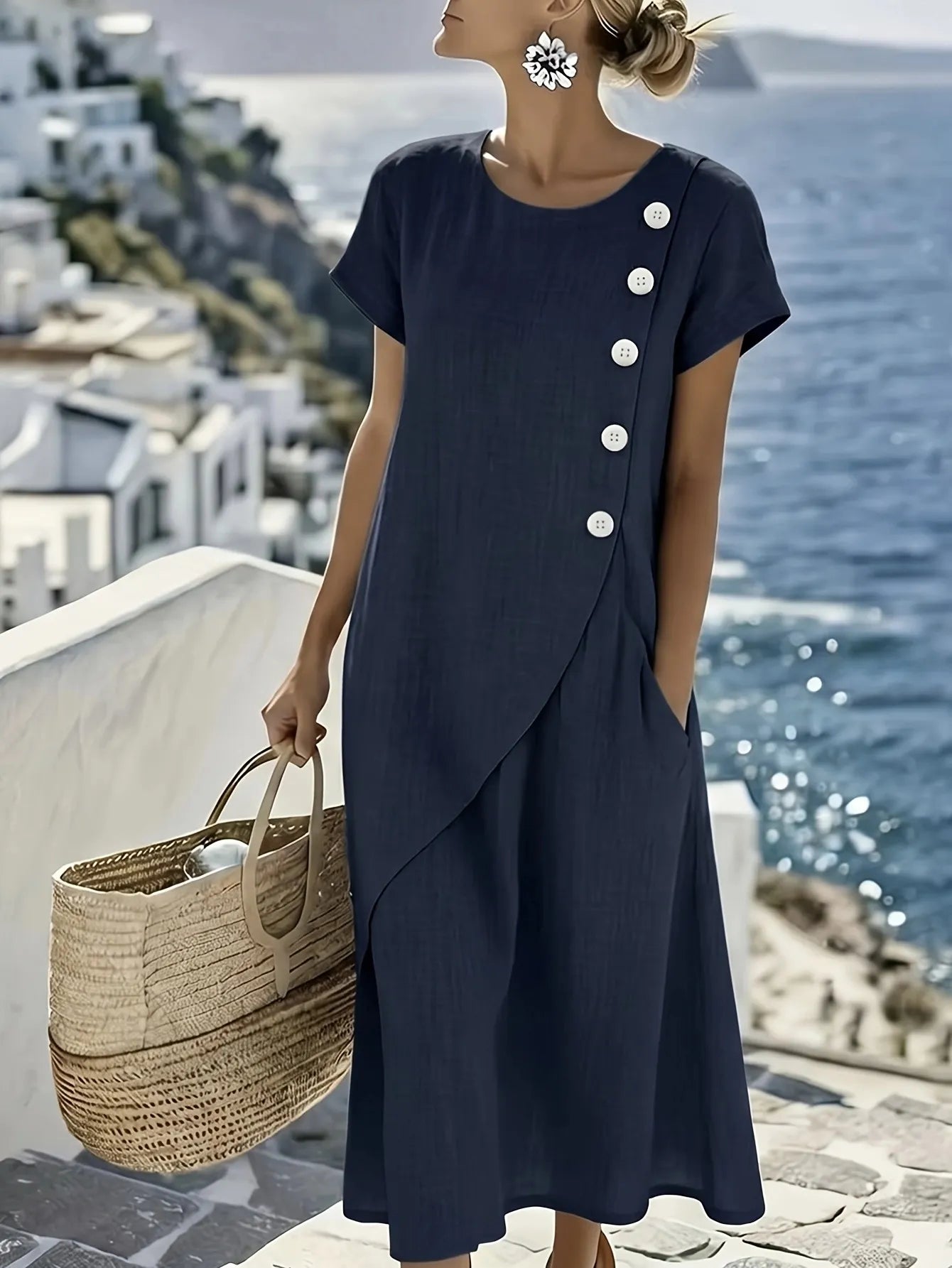 Round Neck Linen Midi Dress with Asymmetrical Buttons
