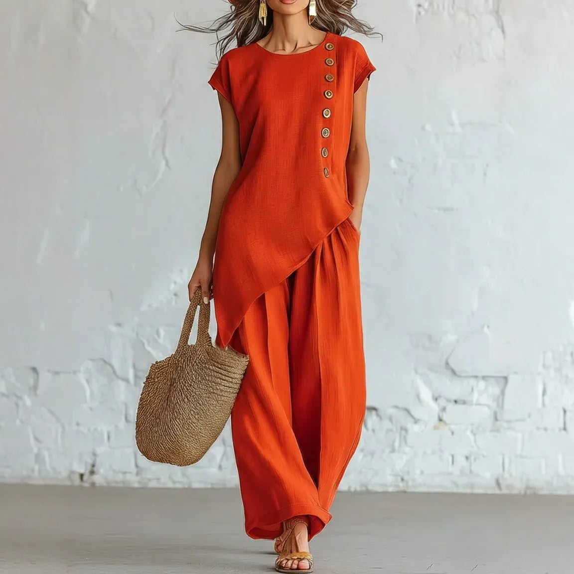 A round-neck, asymmetrical short-sleeved top and wide-leg trousers set with wooden buttons