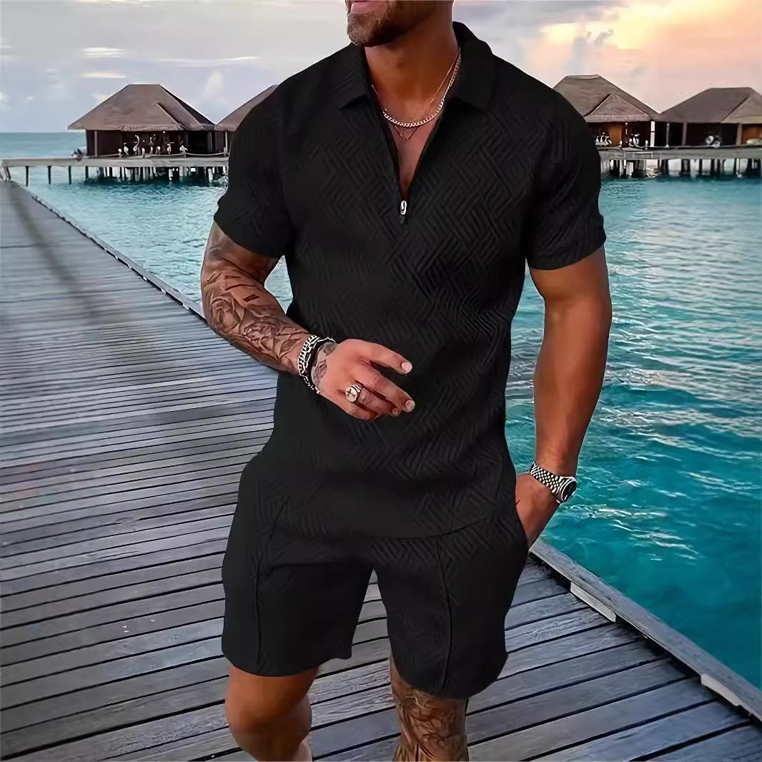 💕Summer Hot Sale -Men's casual Polo zipper lapel shirt short sleeve suit