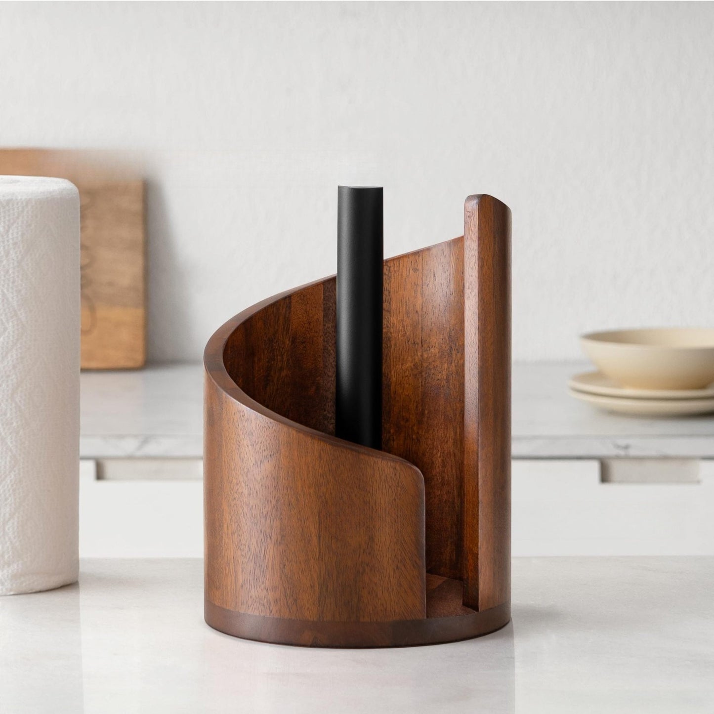 Mountain Paper Towel Holder Countertop with Mango Wood Round Base and Iron Holder