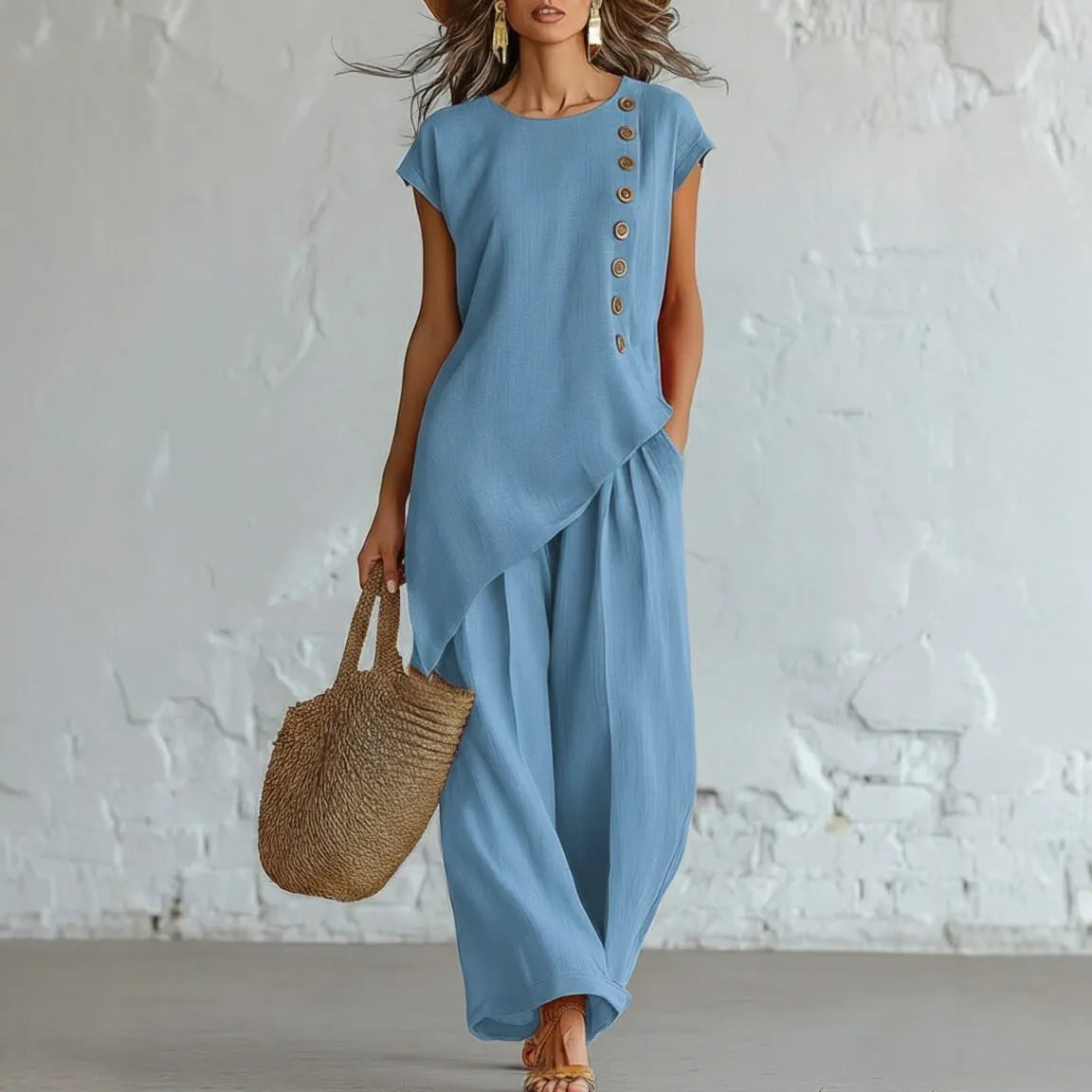 A round-neck, asymmetrical short-sleeved top and wide-leg trousers set with wooden buttons