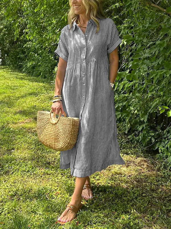 💕Classic striped collared button-down casual shirt dress