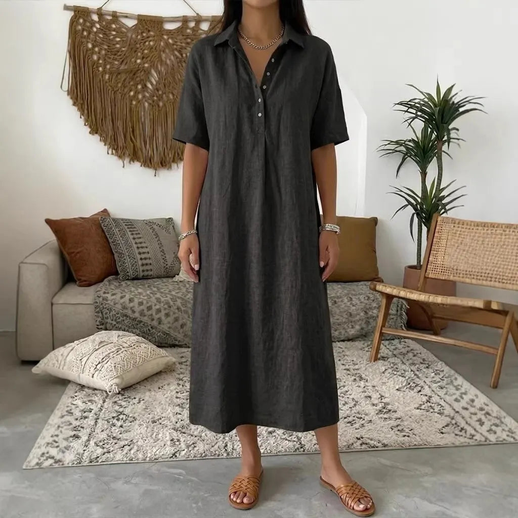 ✨✨Women's casual cotton and linen polo shirt midi dress