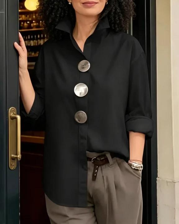 Women's Solid-Color Stand-Collar Long-Sleeve Shirt with Metal Buttons