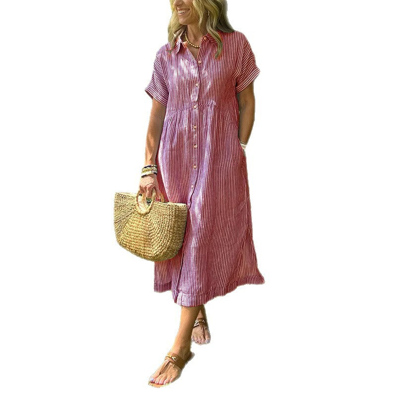 💕Classic striped collared button-down casual shirt dress