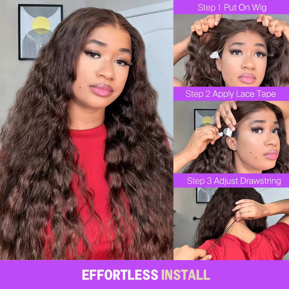 Chocolate Brown Glueless Wigs Bohemian Curl with Drawstring 100% Human Hair Wig