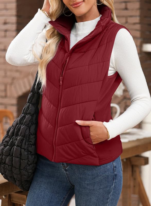 Womens Sleeveless Zip Up Outerwear Stand Collar Quilted Puffer Vest