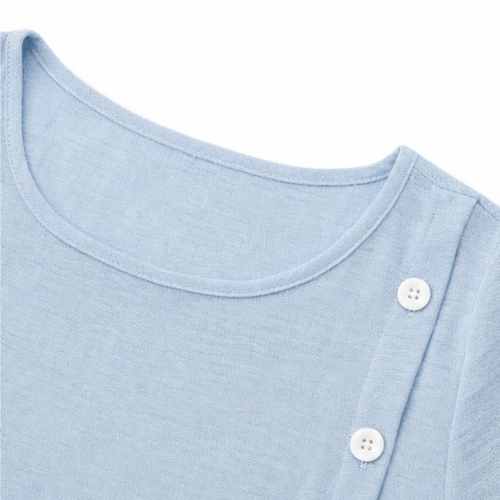 Round Neck Linen Midi Dress with Asymmetrical Buttons