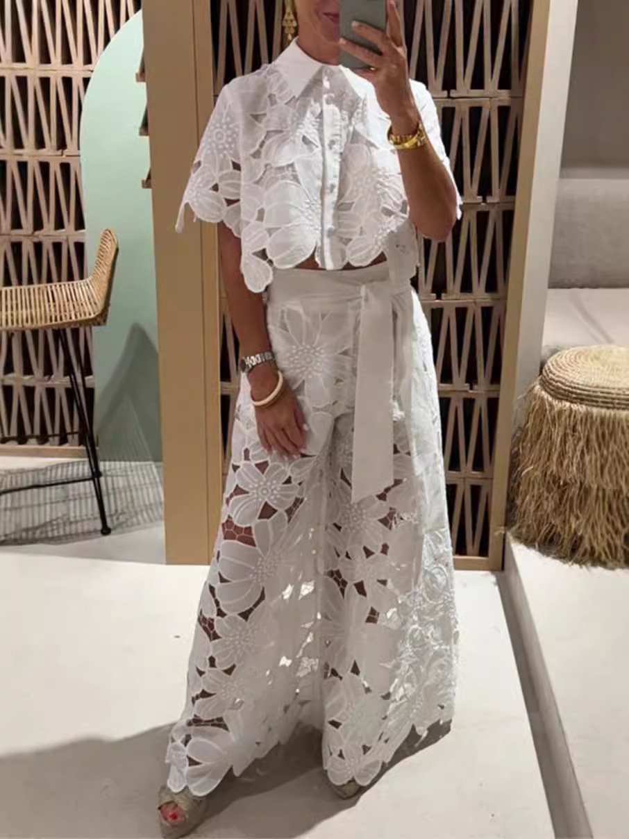 Exquisite Floral Embroidered Hollow Lace Top and Wide-Leg Pants Set