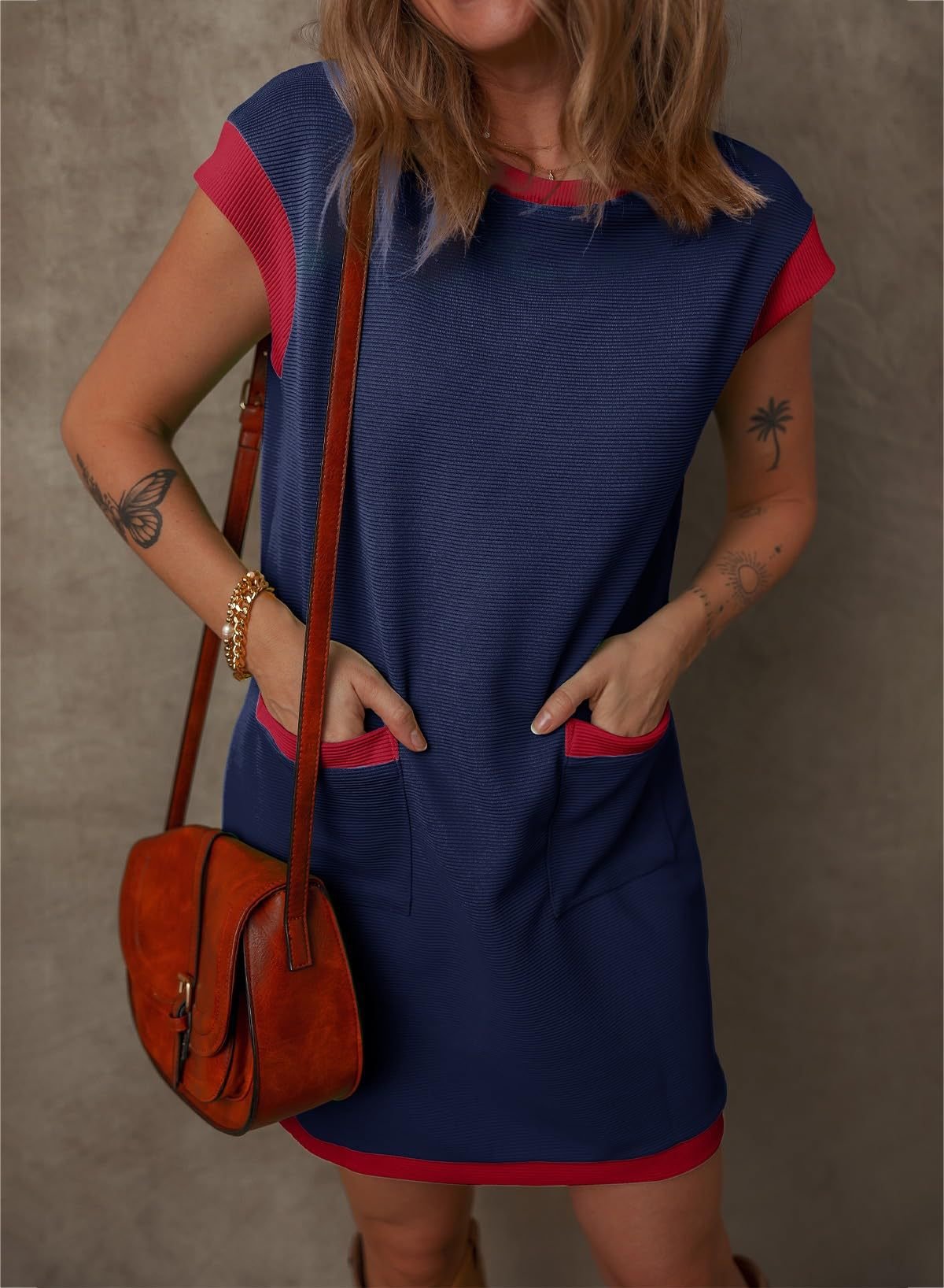 😍 Casual Cap Sleeve Color Block Shift T-shirt Dress with Pockets 💥