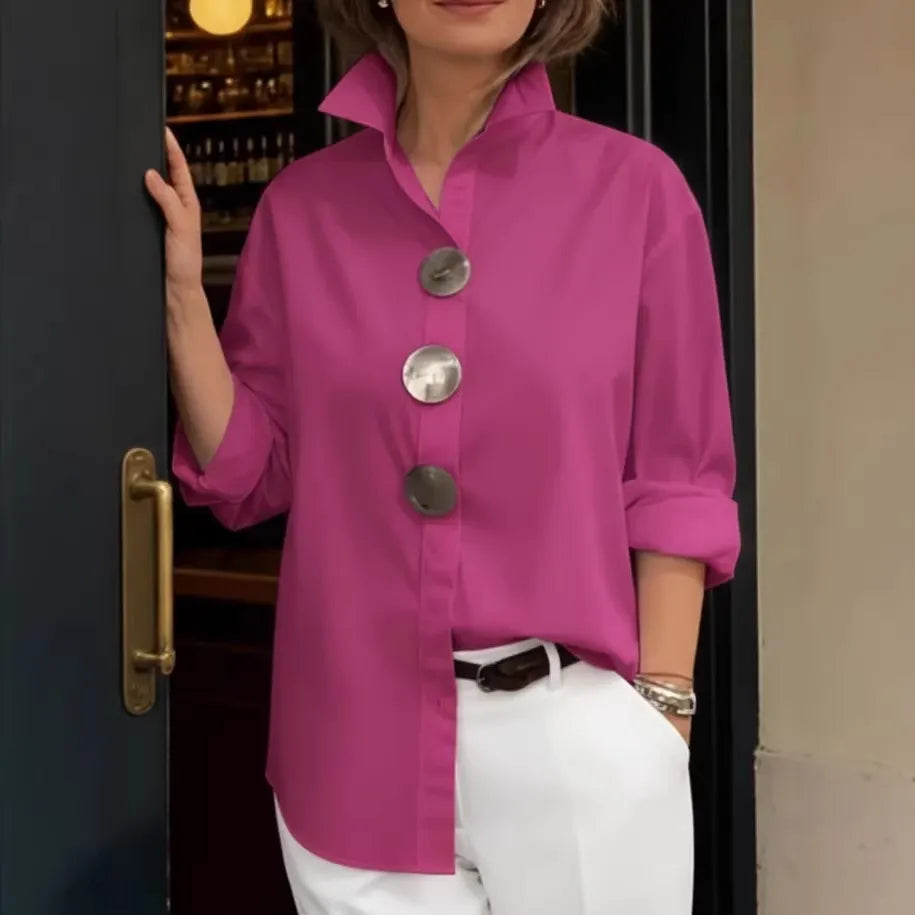 Women's Solid-Color Stand-Collar Long-Sleeve Shirt with Metal Buttons