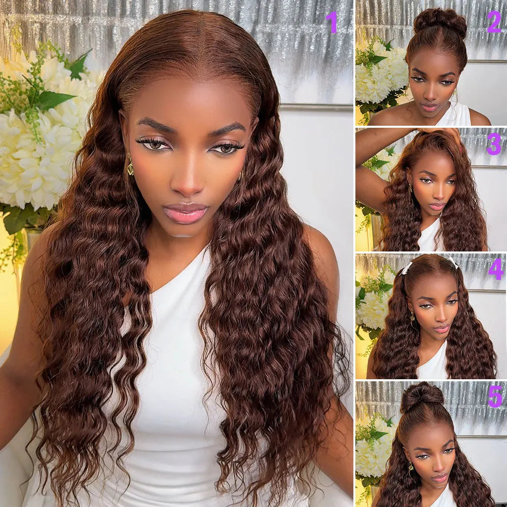 Chocolate Brown Glueless Wigs Bohemian Curl with Drawstring 100% Human Hair Wig