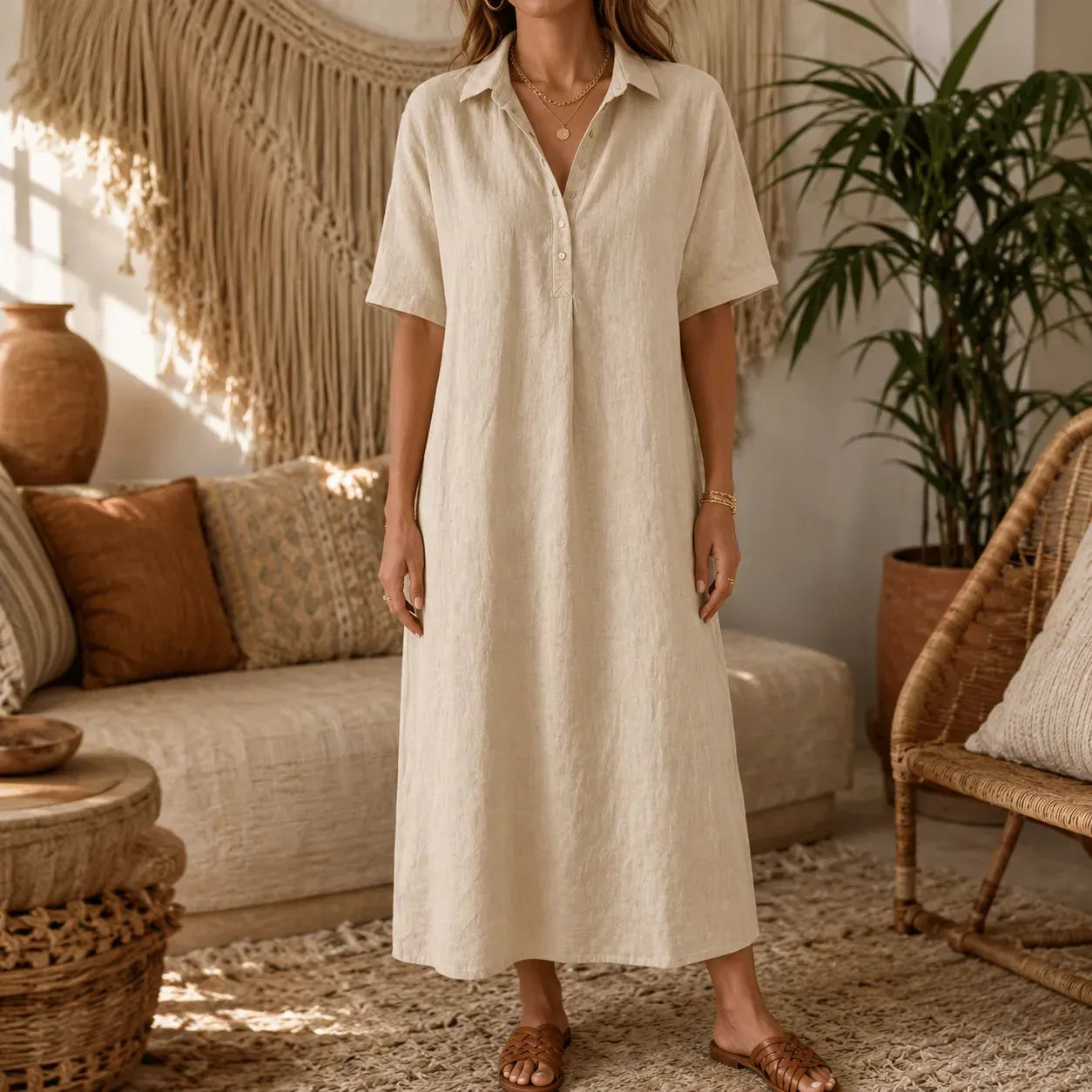 ✨✨Women's casual cotton and linen polo shirt midi dress