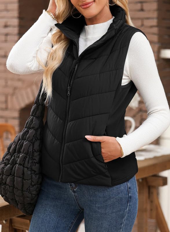 Womens Sleeveless Zip Up Outerwear Stand Collar Quilted Puffer Vest