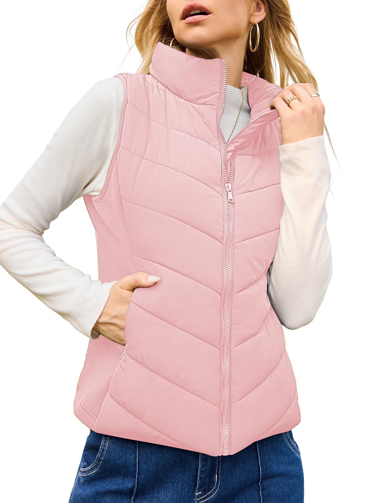 Womens Sleeveless Zip Up Outerwear Stand Collar Quilted Puffer Vest