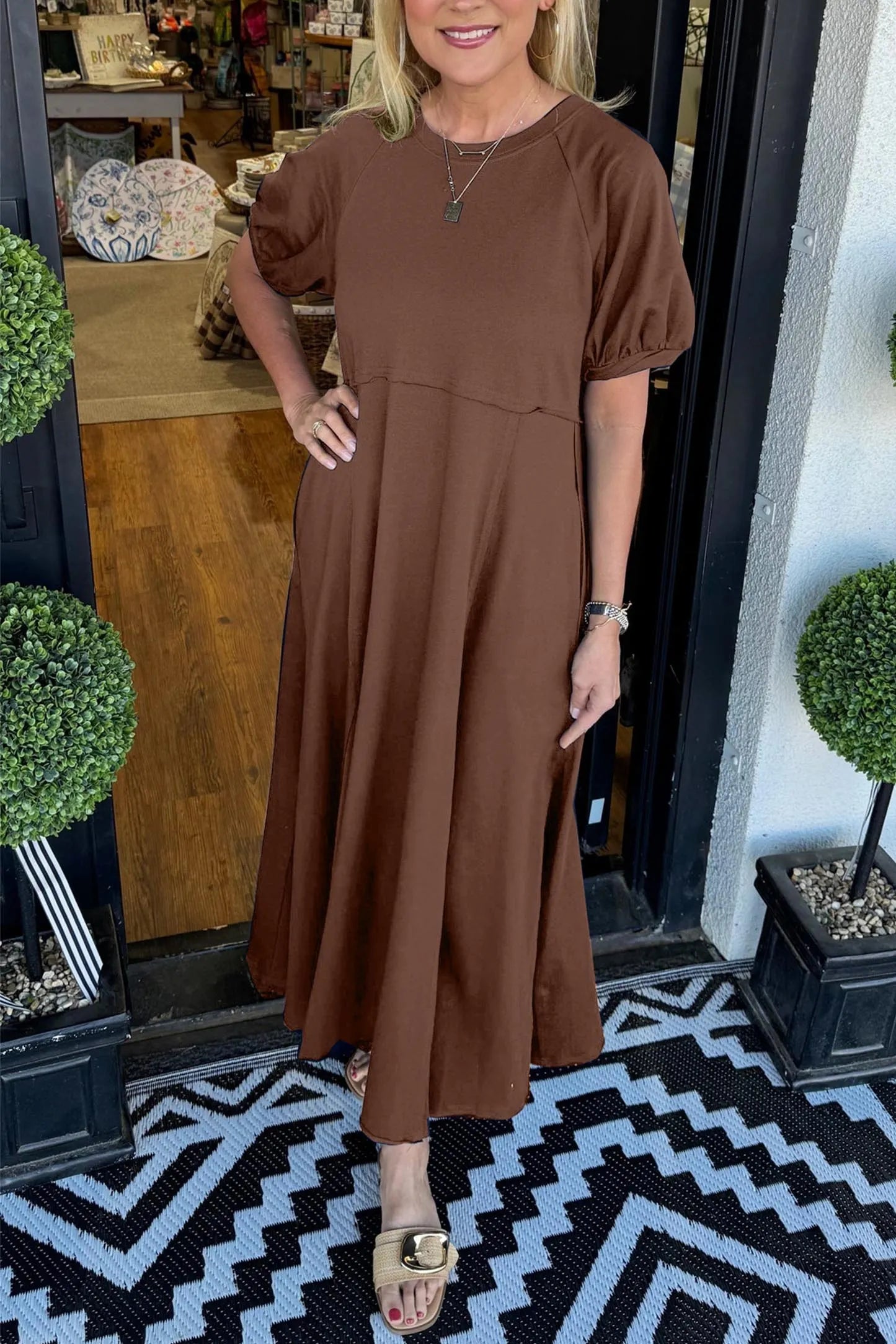 🔥Women's Solid Color Puff Sleeve Round Neck Long Dress(Buy 2 Free Shipping)