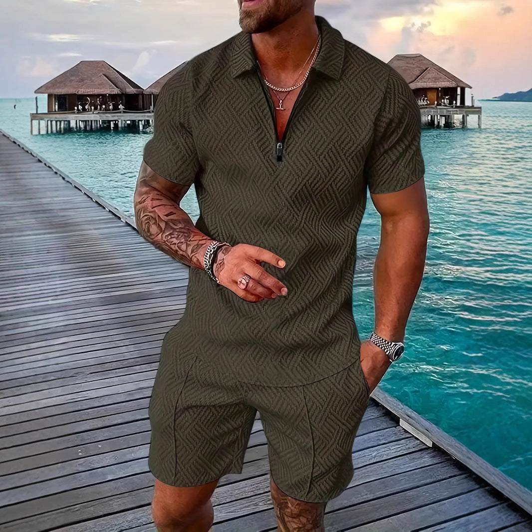 💕Summer Hot Sale -Men's casual Polo zipper lapel shirt short sleeve suit