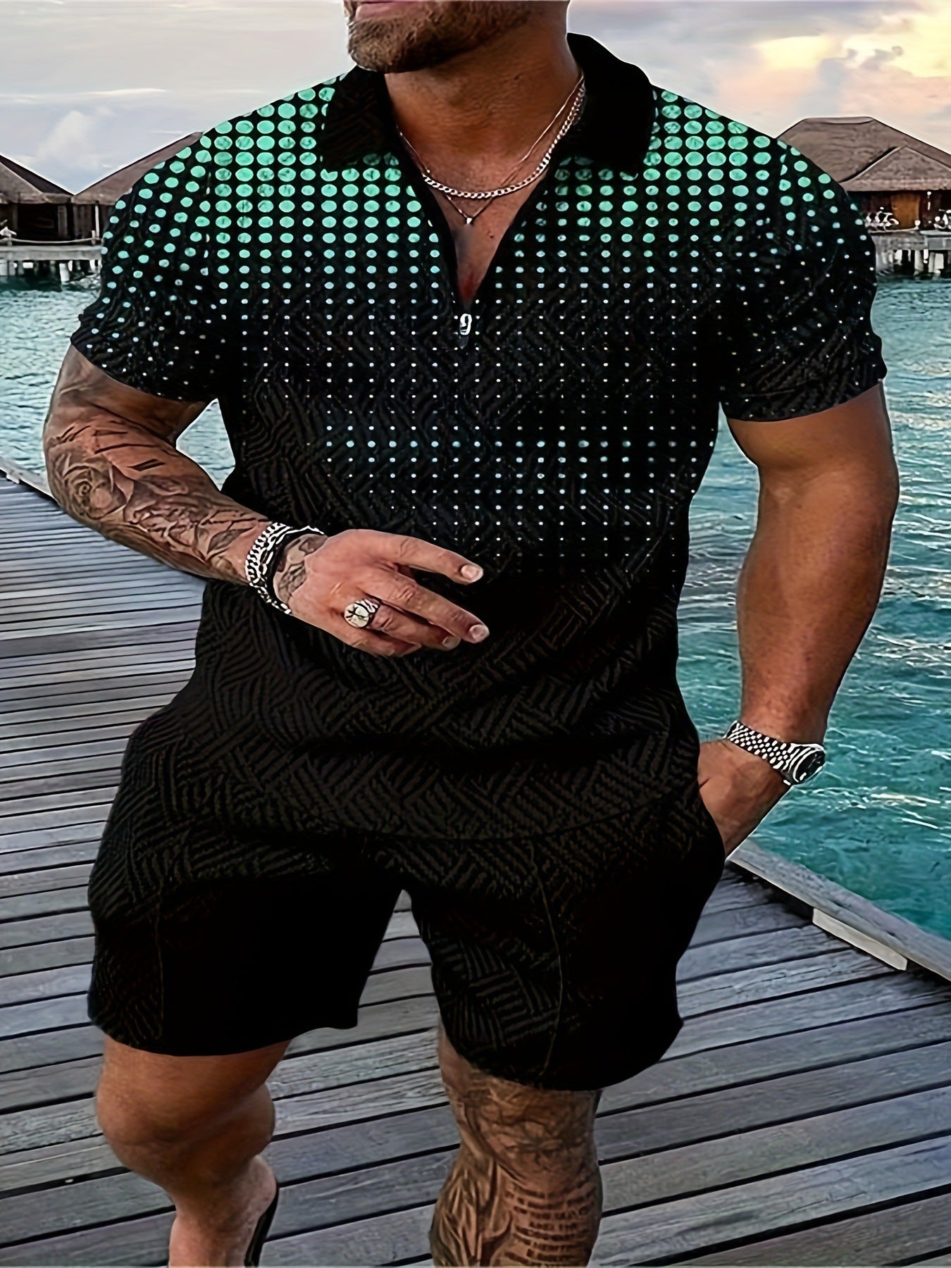 💕Summer Hot Sale -Men's casual Polo zipper lapel shirt short sleeve suit