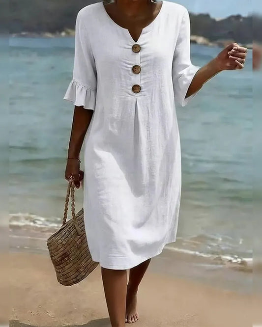 👗Women's Solid-Color Cotton Dress with Buttons and Ruffled Sleeves