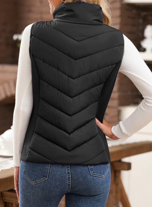 Womens Sleeveless Zip Up Outerwear Stand Collar Quilted Puffer Vest