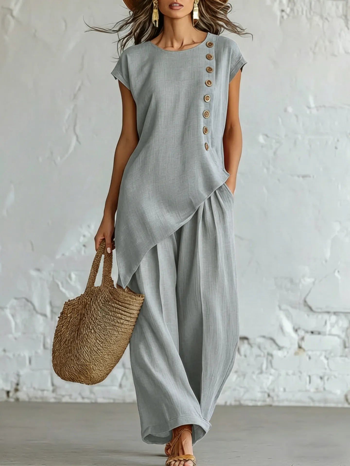 A round-neck, asymmetrical short-sleeved top and wide-leg trousers set with wooden buttons