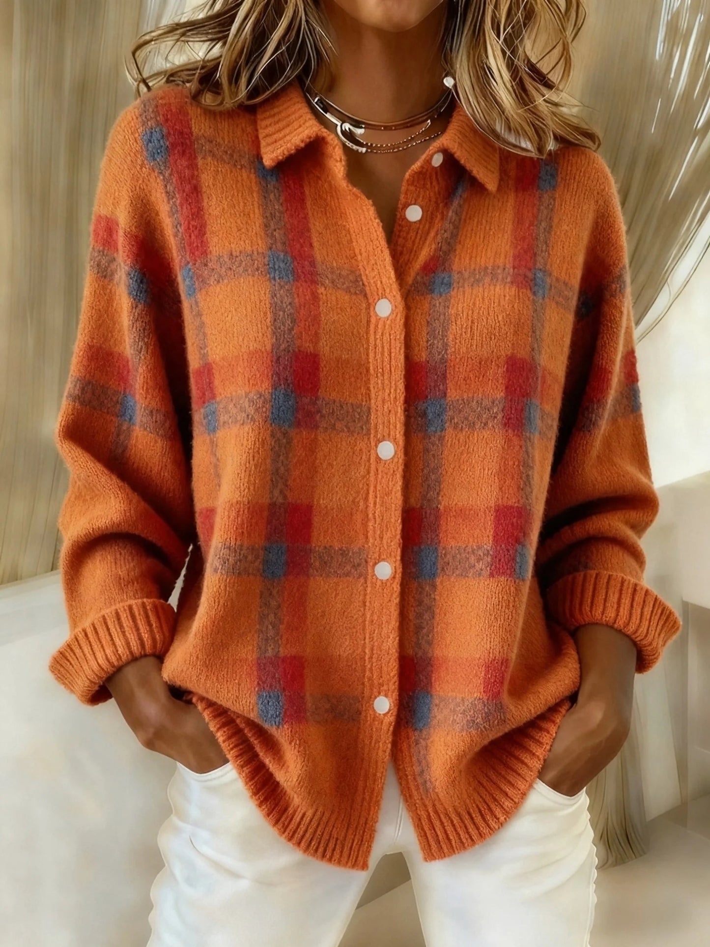Plaid Button-Up Knit Sweater