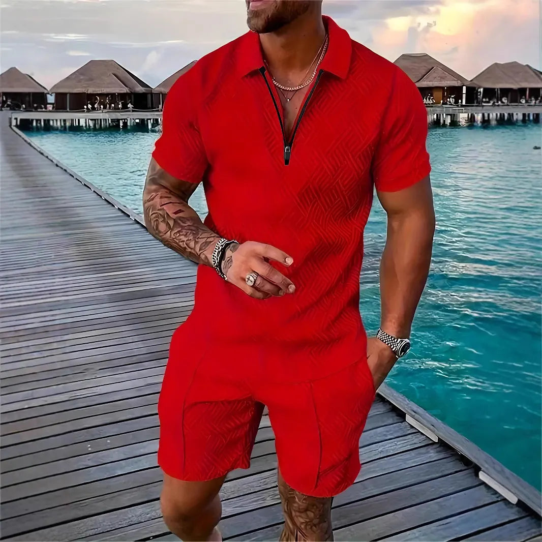 💕Summer Hot Sale -Men's casual Polo zipper lapel shirt short sleeve suit