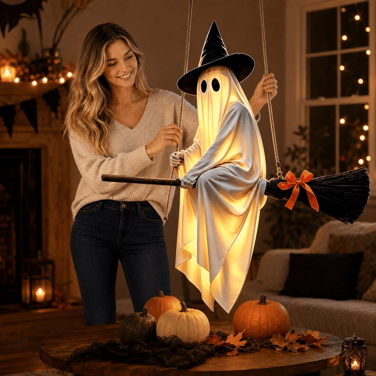 👻🧹Glowing Ghost Riding a Flying Witch's Broomstick