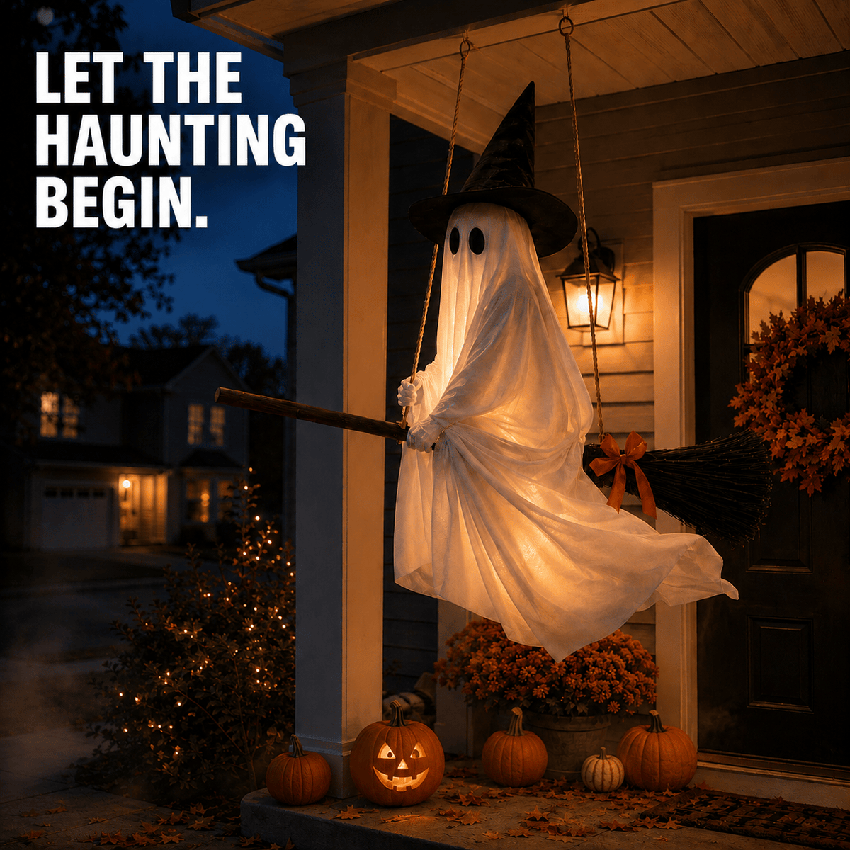 👻🧹Glowing Ghost Riding a Flying Witch's Broomstick